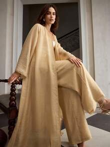 ZEYLAH New Vintage Loose Mid-Length V-Neck Embroidered Trim Long Sleeve Halter Cinched Waist Dress, SlimmingTwo Piecese Set For Women - Gold - View 6