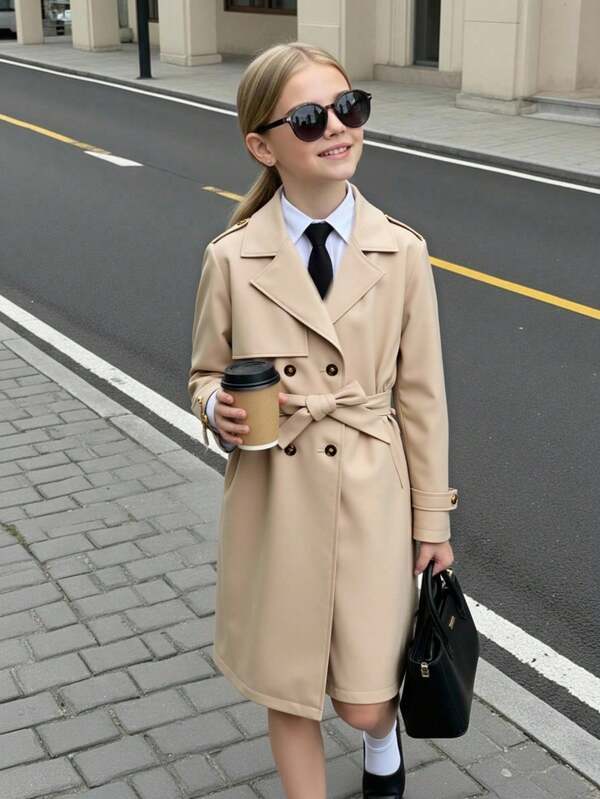 SHEIN 1pc Fashionable Girls' Khaki Woven Reversible Collar Double-Breasted Belted Long Jacket, Suitable For Spring, Autumn, Winter, Outdoor, Travel, Street Style, Casual, Home, Commute