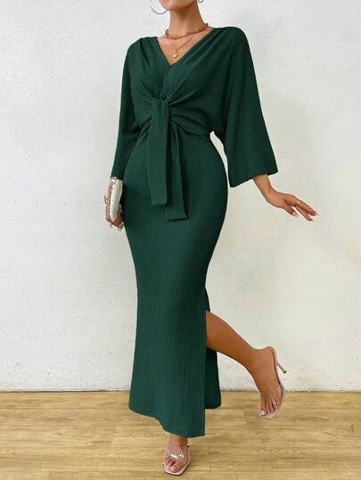 Celisse Women's Elegant Solid Color Batwing Sleeve Side Slit Fishtail Dress, Spring & Autumn Maxi Women Outfit