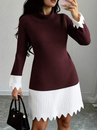 Sparklyn Teen Girls' Fashionable Casual Colorblock Long Sleeve Sweater Dress, Autumn/Winter