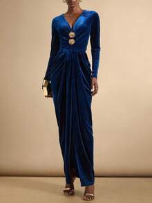 Lyxana Váy dài tay xếp ly cổ chữ V phối kim loại cho nữ - Màu xanh hải quân - Xem 6