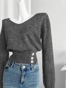 Celisse Women's Solid Color V-Neck Long Sleeve Button Design Casual Sweater, Autumn/Winter - Black and White - View 3