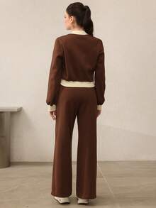 Mulvari 女士休闲时尚羊毛棒球夹克、运动衫和裤子三件套，秋冬 - 棕色 - 查看 2