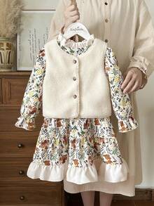 Vintaside Kids 2pcs Set: Apricot Sleeveless Faux Fur Vest & Apricot Ruffle Sleeve Squirrel Print Dress, Round Neck Young Girls Outfit - Multicolor - View 3