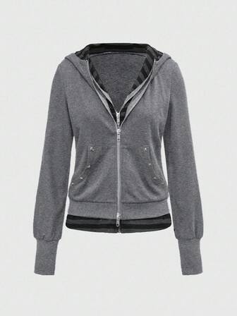 Kpop Grunge Punk Skull Rivet 2 In 1 Loose Fit Black & Gray Vintage Open Front Hoodie Sweatshirt