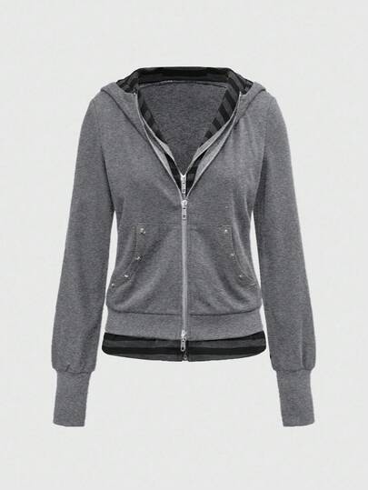 Grunge Punk هودي سويت شيرت فضفاض بتصميم جمجمة بنمط بانك جرانج مع قطع معدنية، بتصميم مفتوح أمامي باللونين الأسود والرمادي الفاتح بطراز عتيق