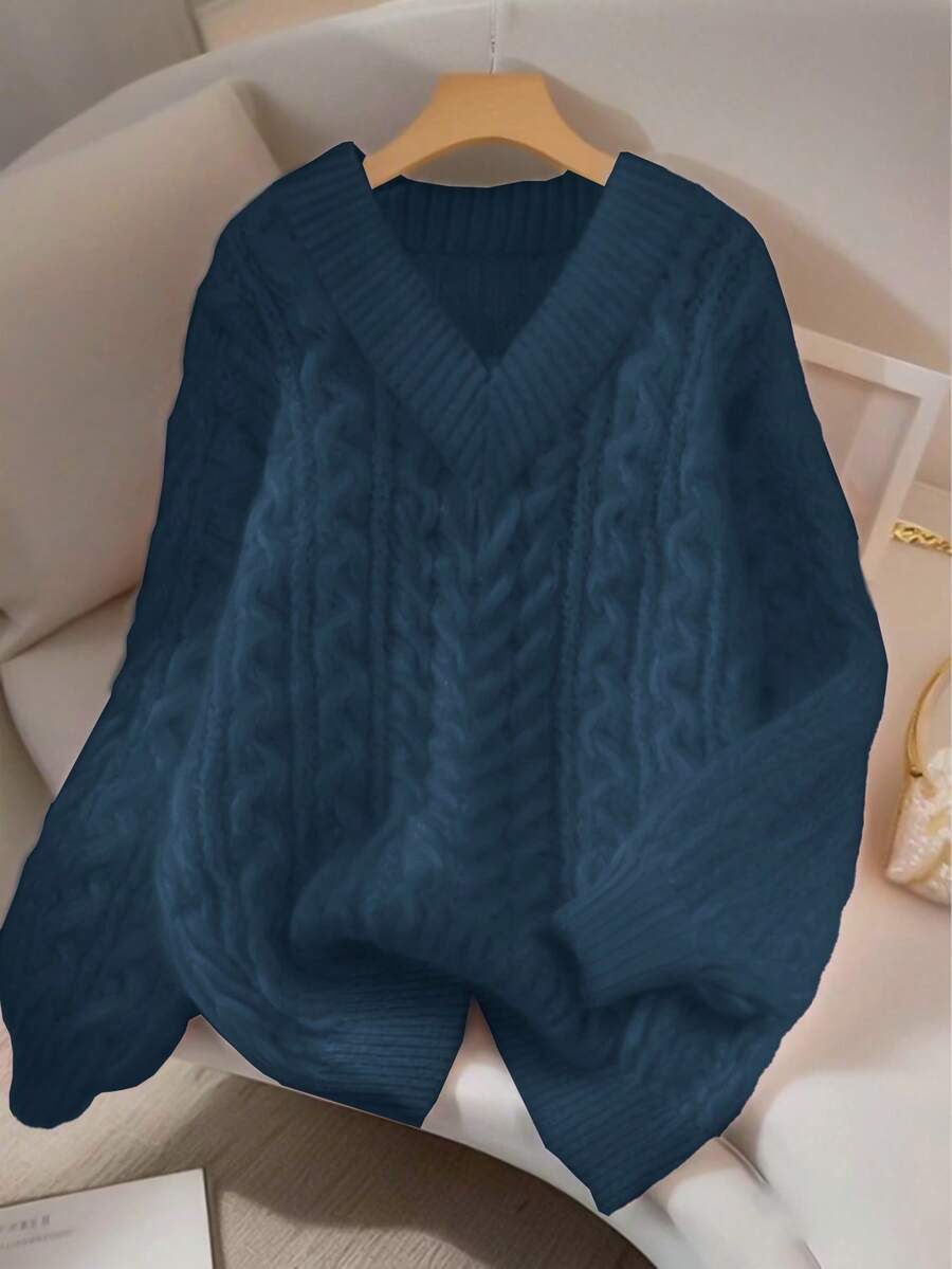 SHEIN Franclia 全新宽松柔软甜美粉色休闲设计 V 领粗针织套头衫，适合女士，百搭 - 藏蓝色 - 查看 1