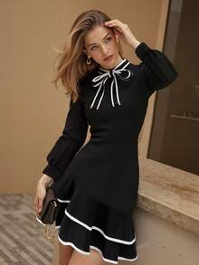 休闲优雅简约蝴蝶结长袖立领连衣裙，适合年轻女性，秋冬 - 黑色 - 查看 1