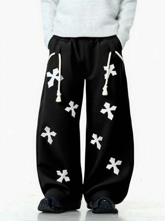 Manfinity Roghcode Men's Streetwear INS Style Casual Sweatpants, Cross Full Embroidery Towel Design, Fashionable Curved Knife Pattern, Boyfriend/Husband Gift, Autumn/Winter Clothing, Back To School, Festival, Anniversary Gift