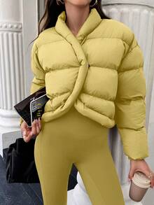EMERY ROSE Women's Solid Color Long Sleeve Short Casual Winter Jacket - Light Yellow - View 4