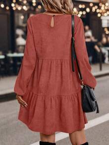 SHEIN LUNE فستان كاجوال فضفاض بأكمام فانوس وذيل مكرمل بلون أحادي بياقة مستديرة للنساء - الأحمر - مشاهدة 2