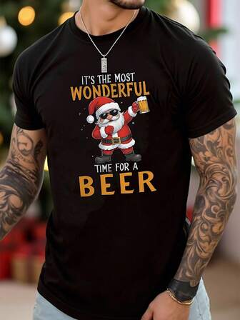 Wesołych Świąt, męska, modna koszulka z krótkim rękawem i kreskówkowym, uroczym Świętym Mikołajem i napisem na piwo, idealna na imprezę świąteczną i wyjścia