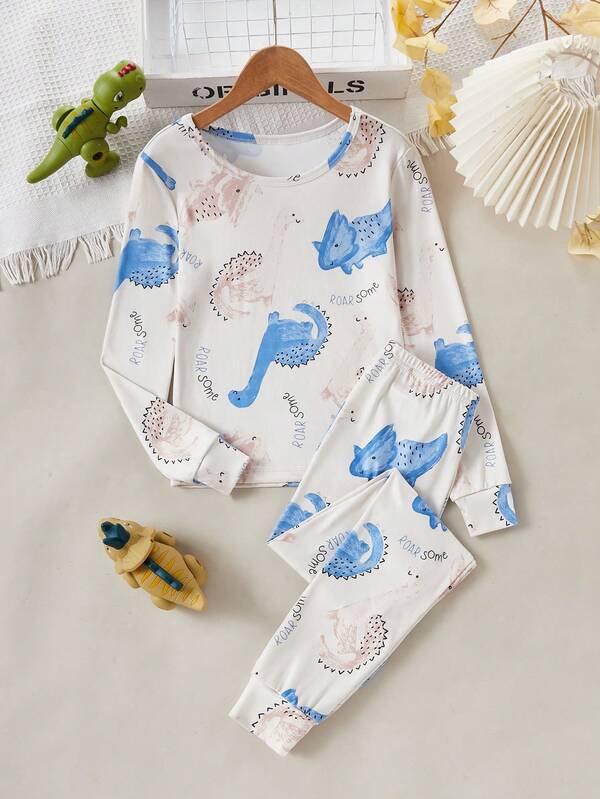 2pcs Boys Cute Dinosaur Print Comfortable Soft Rib Knit Crew Neck Long Sleeve Top And Long Pants Pajama Set,Tween Boys Pajamas Fall&Winter Clothings,Best  Christmas Gift For Family, Comfortable Material Boy Clothings