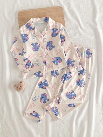 Set de 2 piezas de pijama casual cómodo con estampado de conejo azul de orejas caídas y diseño de dibujos animados para niñas, incluye top de manga larga y pantalones