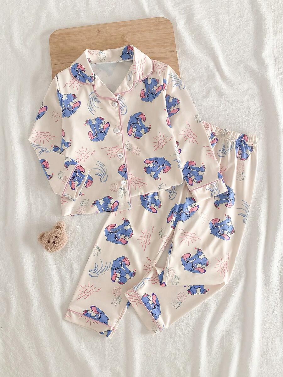 2pcs/Set Young Girl' Cute Cartoon Floppy Ear Blue Rabbit Print Long Sleeve Top And Pants Comfortable Casual Pajama Set - Apricot - View 1