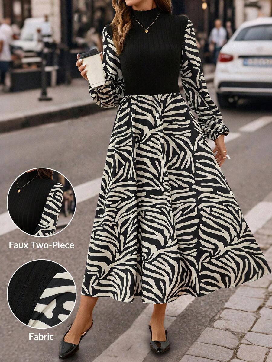 SHEIN Clasi 女式立领灯笼袖斑马纹拼接优雅连衣裙 - 黑與白 - 查看 1