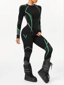 Seamluxe SHEIN Sport 女士撞色运动滑雪服套装，紧身保暖内衣滑雪服 - 黑色 - 查看 4