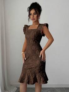 Elenzga Elegant Jacquard Commuter Dress, Summer - Coffee - View 4