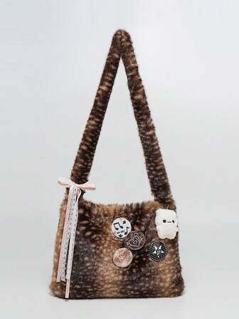 Kawaii Women's Leopard And Deer Print Y2K Retro Fashion Artificial Fur Long Hair Open Top Large Capacity Thickened Autumn/Winter Shoulder Crossbody Crescent Bag