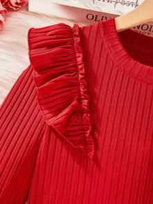 Elladie kids 2pcs Girls Frill Trim Round Neck Long Sleeve T-Shirt And Plaid Shorts Set, Spring/Autumn Autumn/Winter Princess Halloween/Christmas Party Dresses - Red - View 9