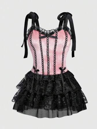 Robe à bretelles grande taille pour femmes avec pendentif croix, style gothique rétro, style palais, avec garniture en dentelle contrastée