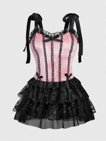 Gothic Retro Palace Style Contrast Color Lace Trim Cross Pendant Plus Size Women Camisole Strap Dress