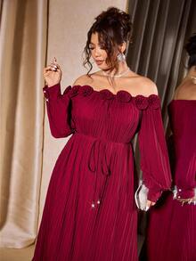 Cravure 大码女式新款优雅正式派对礼服，时尚浪漫 3D 花卉装饰连衣裙 - 酒紅色 - 查看 5