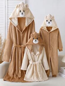 Young BoyAutumn/Winter Bear Embroidery Graphic Khaki Minimalist Plush Hooded Long Sleeve Jumpsuit Pajamas, Home Wear - Khaki - View 6