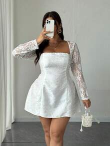SHEIN CURVE+ Đầm ren tương phản tay dài cổ thiên nga thanh lịch cho nữ cỡ lớn - trắng - Xem 6