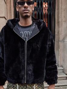 GALLERY FADE 男士长袖仿毛皮连帽拉链外套，优雅外套，适合约会、拍照、休闲穿着，秋冬季款 - 黑色 - 查看 7