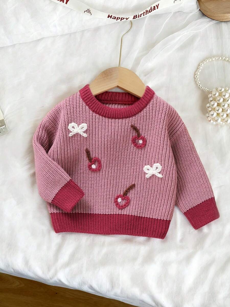 SHEIN Vintaside Kids 1 件米色休闲套头毛衣,蜜蜂图案,适合幼儿,长袖 - 粉色 - 查看 1
