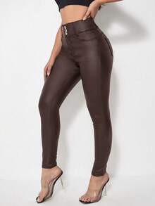 Chiquease Quần bó ống rộng màu trơn có túi trước cho nữ - Màu nâu Sô-cô-la - Xem 4