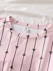 女式休闲可爱蝴蝶结印花全身图案长袖上衣和裤子两件套睡衣套装