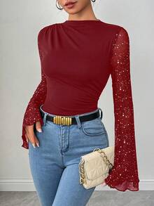 Rafferiza Body pentru femei cu sclipici metalic, plasă, pliuri, cu mâneci evazate - roșu - Vizualizare 8