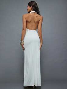 Hauture 优雅性感纯色露背挂脖连衣裙 - 白色 - 查看 3