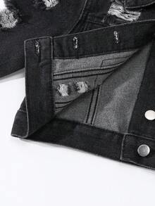 年轻女孩 Y2K 休闲翻领破洞水洗蓝色牛仔夹克，合身 - 黑色 - 查看 6