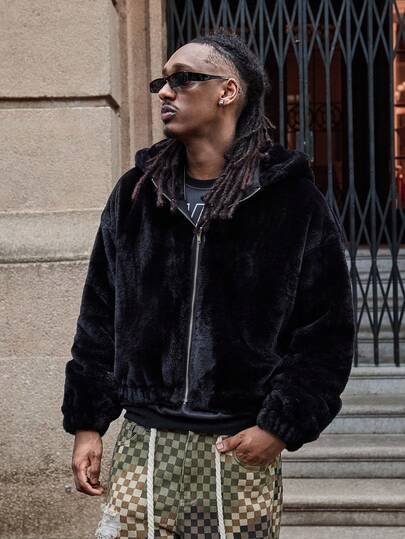 GALLERY FADE Men's Faux Fur Hooded Zip-Up Jacket, Elegant Outerwear For Dating, Photo Shoots, Casual Wear, Autumn/Winter