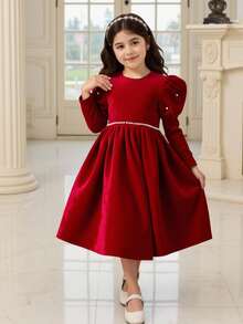 Girls Red Embroidered Bubble Dress With Waist Pearls,Sweet & Elegant Satin Party Dress,Suitable For Autumn Birthday Gatherings,Comfortable Fabric - Red - View 3