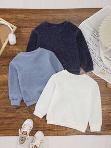 SHEIN Set 3 buc. bluze casual minimaliste din fleece pentru băieți mici, cu guler rotund, umeri căzuți, mânecă lungă, pachet avantajos în 3 culori, confortabile și moi - Multicolor - Vizualizare 3