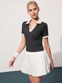 Gameset SHEIN Sport 女式简约撞色修身短袖运动 Polo 衫，夏季 - 黑色 - 查看 4