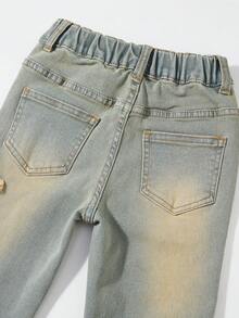 年轻女孩做旧浅色水洗牛仔裤，星星刺绣，松紧腰带，紧身喇叭裤腿 - 中等水洗藍 - 查看 6