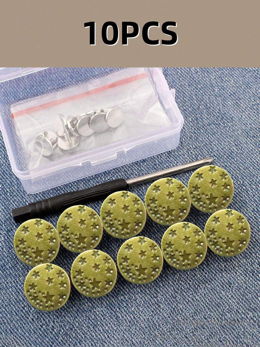 10pcs/Box Star Pattern Adjustable Detachable Metal Jeans Buttons, No Sewing Required For Jeans, Pants, Clothing Accessories - Bronze - View 1