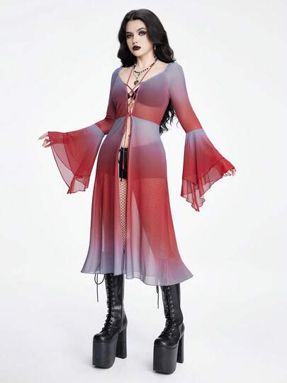 Gothic Adams Gothic Tie-Dye Tie Dye Design Women Mesh Cardigan Top, Christmas