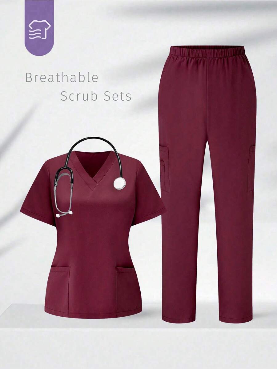 TaskEZ Scrubs Set: V-Neck Short Sleeve Top & Pants Scrub Uniform For Healthcare Workers - Burgundy - View 1