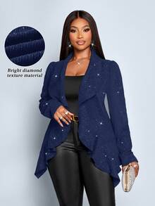 SOLERSUN 大码秋春新款闪光纹理面料设计感大翻领荷叶边不对称下摆褶皱马蹄袖长袖夹克适合派对晚宴约会鸡尾酒音乐节性感优雅时尚女装 - 藏蓝色 - 查看 2