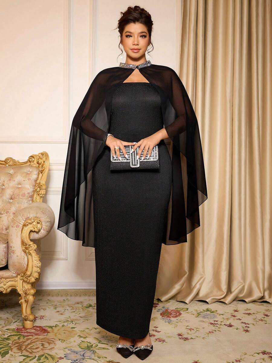 Cravure Plus Size Women's Elegant Black Summer Chiffon Strapless Bodycon Party Dress,Formal Dinner Evening Church Dress With Cape Curve Autumn Dress - Black - View 1