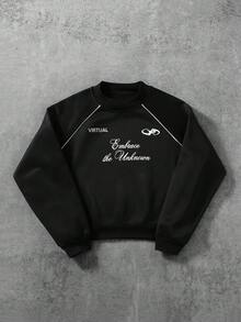 ROMWE MEN Prep 男士休闲印花圆领套头卫衣，长袖上衣 - 黑色 - 查看 1