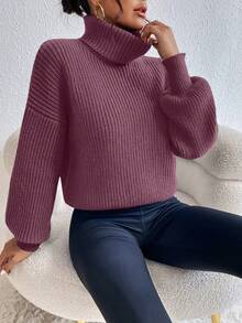 Celisse Women's Solid Color High Neck Drop Shoulder Long Sleeve Casual Sweater, Autumn/Winter - Purple - View 5