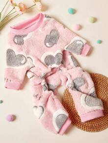 PETSIN 1件装宠物猫狗通用粉色爱心印花时尚秋冬毛绒保暖舒适圆领狗狗连体衣 - 粉色 - 查看 5