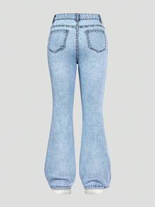 SHEIN Quần jeans ống loe co giãn, giặt dày thời trang Y2K đa năng, phổ biến dành cho các bé gái tuổi teen - Rửa trung bình - Xem 2